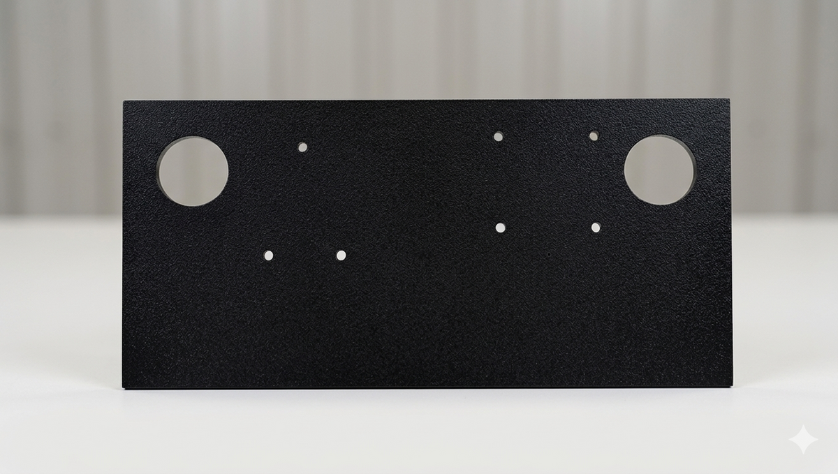 A black textured rectangular panel with two large circular cutouts and several small dot cutouts, displayed on a white surface against a light gray background.
